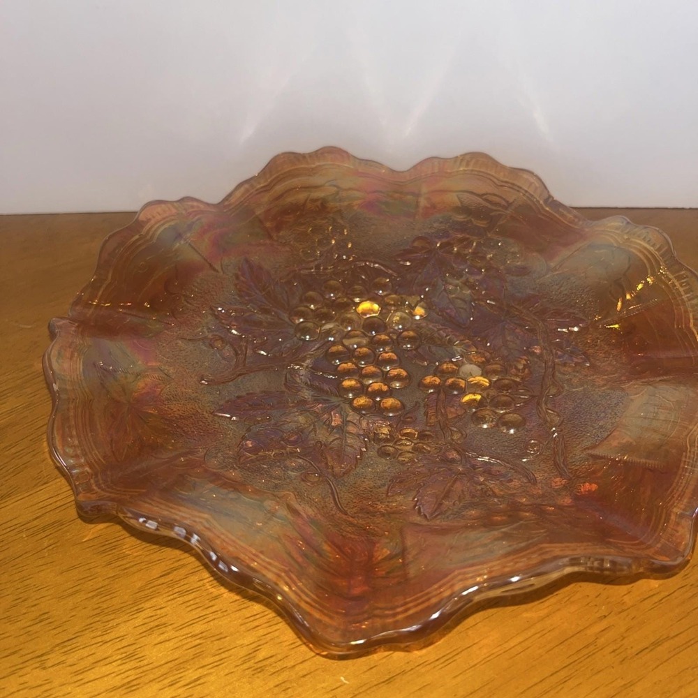 Vintage Imperial Glass Iridescent Marigold Grapes Ruffle Edge Bowl 8.5" Diameter